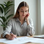 Femme consultant un plan de site web imprimé à son bureau pour naviguer efficacement sur un site internet