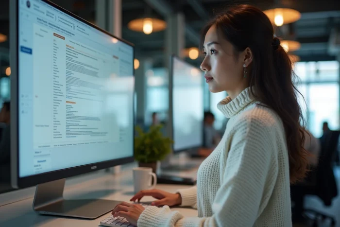 Jeune femme debout devant un écran affichant un plan de site web dans un espace de coworking