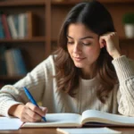 Femme concentrée écrivant dans un cahier de grammaire française à un bureau en bois, illustrant la confusion entre je serai et je serais