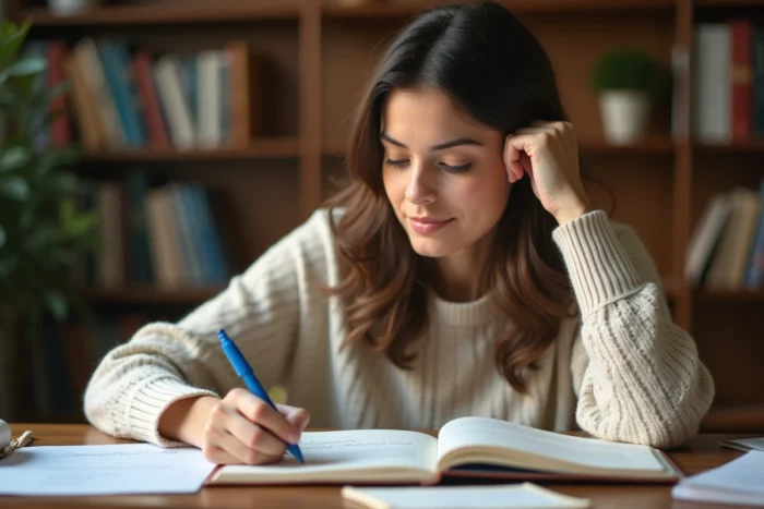 Femme concentrée écrivant dans un cahier de grammaire française à un bureau en bois, illustrant la confusion entre je serai et je serais