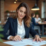 Femme entrepreneuse en blazer marine travaillant sur des documents dans un espace de coworking moderne