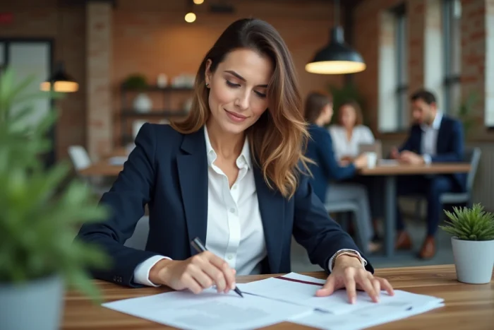 Femme entrepreneuse en blazer marine travaillant sur des documents dans un espace de coworking moderne