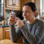 Femme examinant les signaux lumineux de sa vapoteuse à la maison sans notice disponible