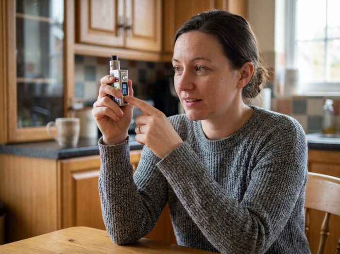 Femme examinant les signaux lumineux de sa vapoteuse à la maison sans notice disponible