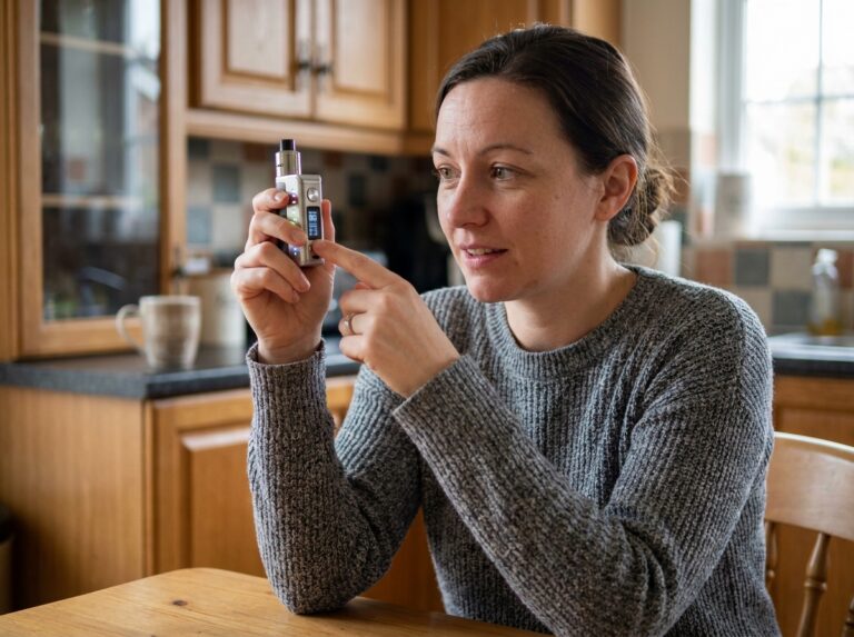 Femme examinant les signaux lumineux de sa vapoteuse à la maison sans notice disponible