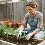 Femme jardinière soignant des semis de tomates dans un potager surélevé en bois au printemps