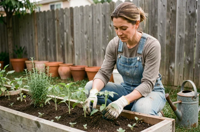 Femme jardinière soignant des semis de tomates dans un potager surélevé en bois au printemps