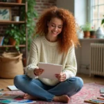 Femme créative entourée de fournitures artistiques peignant dans son atelier maison, loisirs créatifs 2024