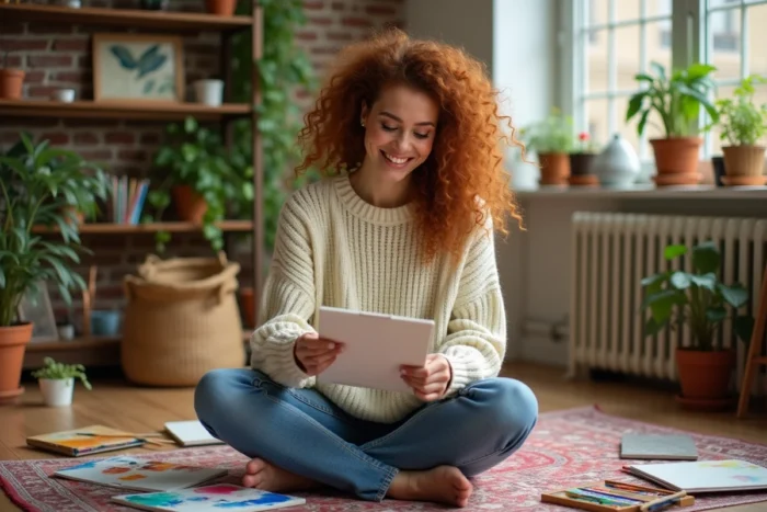 Femme créative entourée de fournitures artistiques peignant dans son atelier maison, loisirs créatifs 2024
