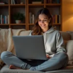 Femme souriante sur un canapé utilisant un ordinateur portable pour des loisirs en ligne au quotidien