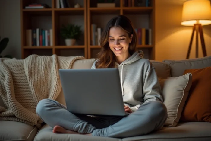 Femme souriante sur un canapé utilisant un ordinateur portable pour des loisirs en ligne au quotidien
