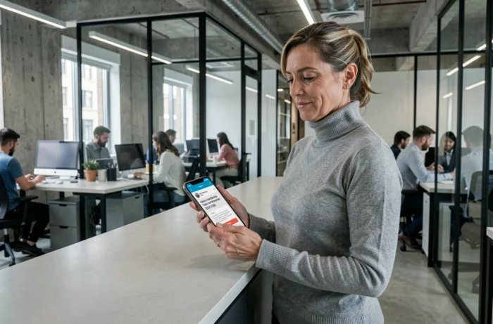 Femme d'affaires consultant une offre d'abonnement promotionnel sur son smartphone dans un espace de coworking moderne