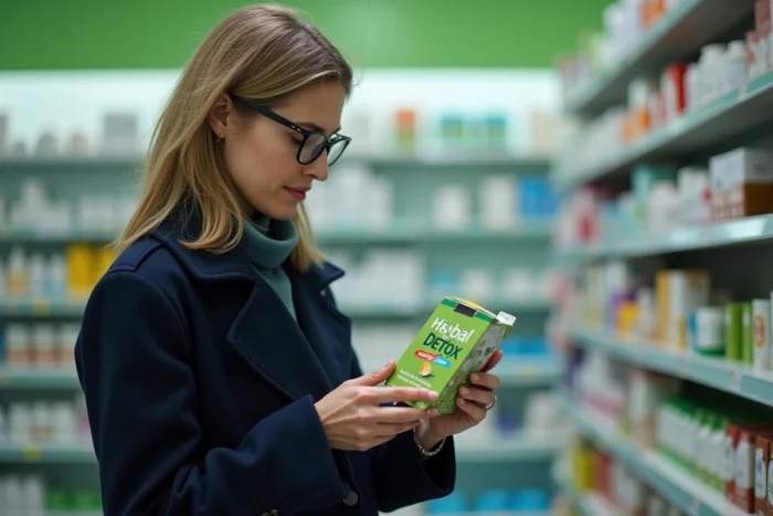 Femme en pharmacie lisant attentivement l'étiquette d'un thé détox, soulignant l'importance de connaître les dangers du Lulutox Tea avant consommation