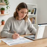 Femme consultant un plan de site web imprimé sur un bureau en bois avec un ordinateur portable ouvert