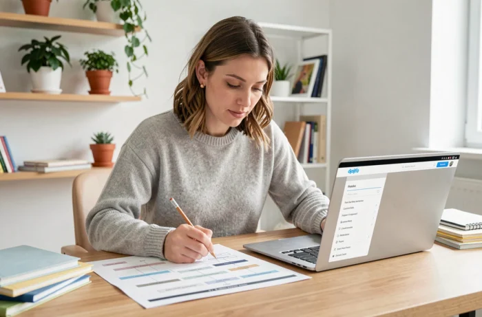 Femme consultant un plan de site web imprimé sur un bureau en bois avec un ordinateur portable ouvert