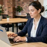 Femme professionnelle utilisant une plateforme collaborative en ligne pour booster sa carrière dans un espace de co-working moderne