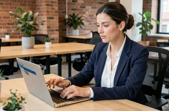 Femme professionnelle utilisant une plateforme collaborative en ligne pour booster sa carrière dans un espace de co-working moderne