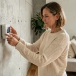 Femme réglant un thermostat connecté dans un salon moderne pour optimiser le chauffage domestique