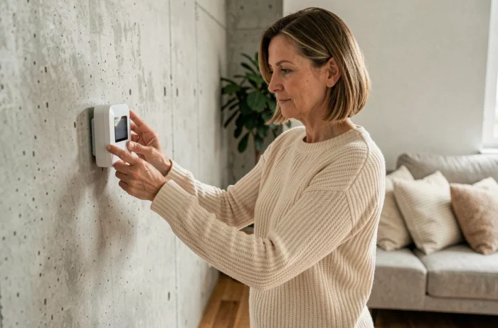 Femme réglant un thermostat connecté dans un salon moderne pour optimiser le chauffage domestique