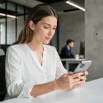 Femme découvrant un smartphone pliable dans un espace de travail technologique moderne
