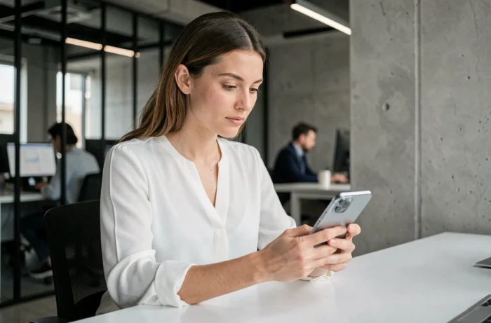 Femme découvrant un smartphone pliable dans un espace de travail technologique moderne