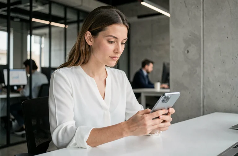 Femme découvrant un smartphone pliable dans un espace de travail technologique moderne