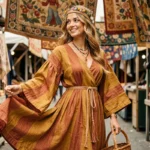 Femme en robe bohème maxi des années 70 avec ceinture macramé et bandeau fleuri dans un marché vintage urbain, style hippie tendance 2026
