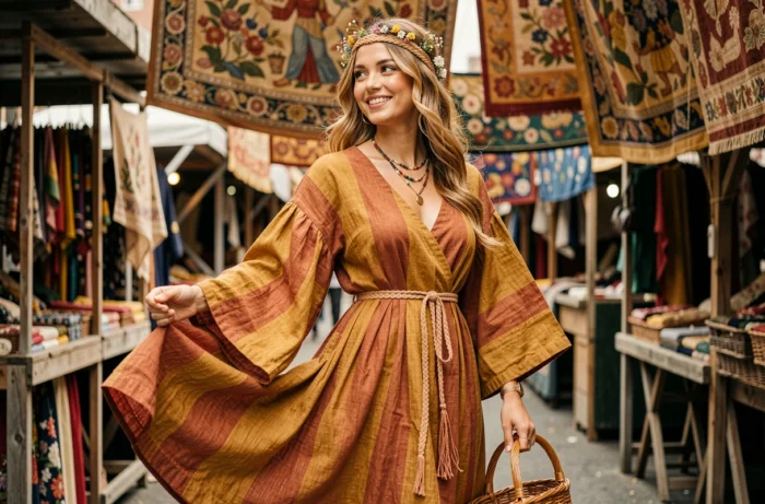 Femme en robe bohème maxi des années 70 avec ceinture macramé et bandeau fleuri dans un marché vintage urbain, style hippie tendance 2026