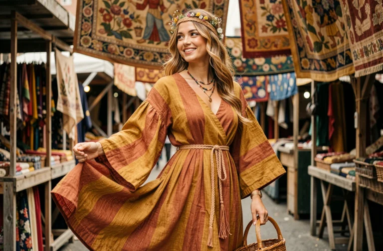 Femme en robe bohème maxi des années 70 avec ceinture macramé et bandeau fleuri dans un marché vintage urbain, style hippie tendance 2026