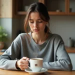 Femme tenant une tasse de thé détox à la maison avec une expression préoccupée, illustrant les risques liés à la consommation de Lulutox Tea