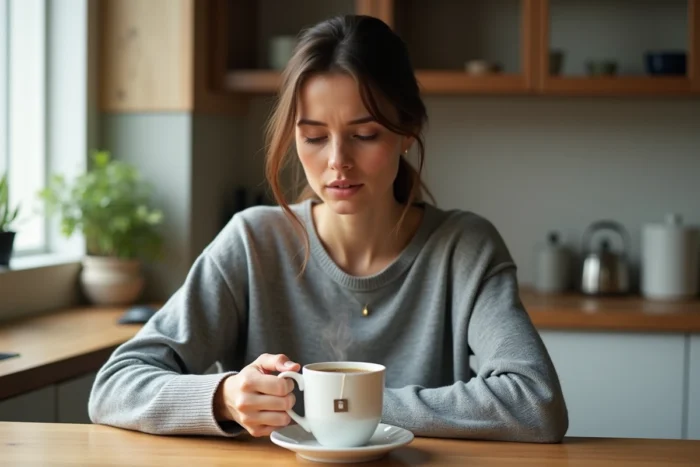 Femme tenant une tasse de thé détox à la maison avec une expression préoccupée, illustrant les risques liés à la consommation de Lulutox Tea