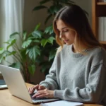 Femme travaillant depuis chez elle sur un ordinateur portable dans un bureau à domicile chaleureux et bien aménagé