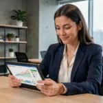 Femme professionnelle consultant des tendances digitales sur une tablette dans un espace de coworking moderne
