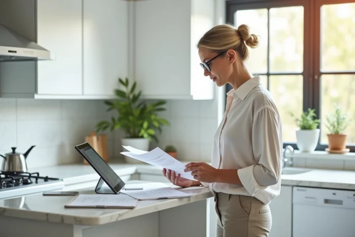 Femme travaillant debout depuis sa cuisine aménagée en espace de travail à domicile, consultant des documents