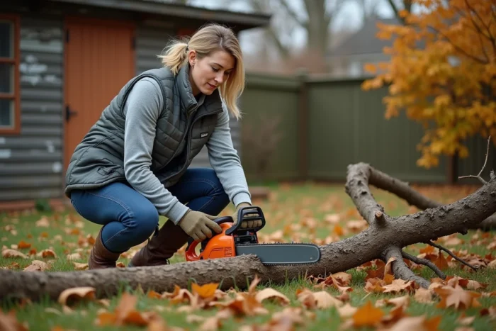 Femme ébranchant un arbre tombé dans un jardin avec la tronçonneuse Teccpo TACS01G en automne