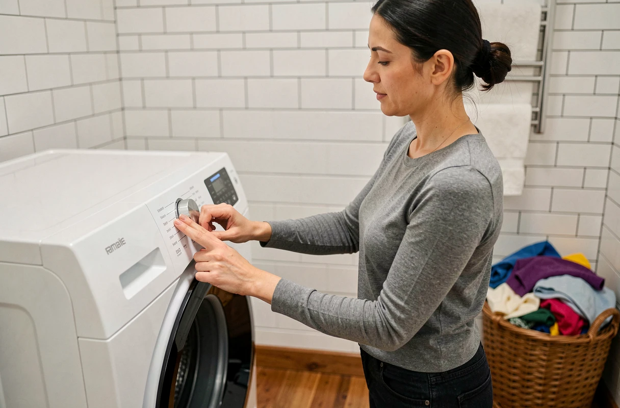 Femme utilisant le panneau de commande d'un lave-linge Whirlpool pour sélectionner un programme d'économie d'énergie