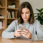 Femme examinant un Huawei P10 Lite d'occasion dans un bureau à domicile pour vérifier son état avant achat