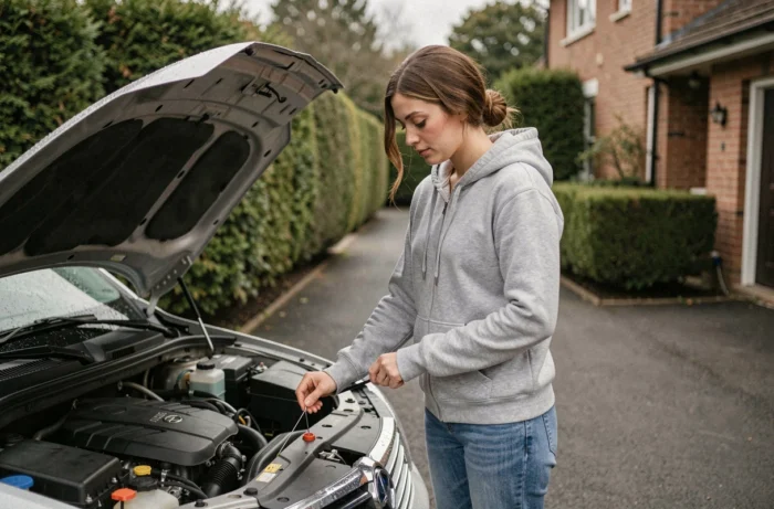 Femme vérifiant le niveau d'huile moteur sous le capot d'une voiture dans une allée résidentielle