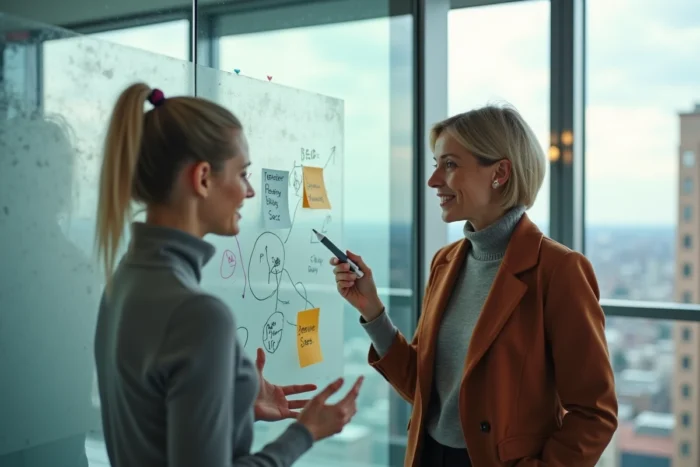 Deux femmes entrepreneures collaborant sur un tableau blanc dans une salle de réunion avec vue sur la ville