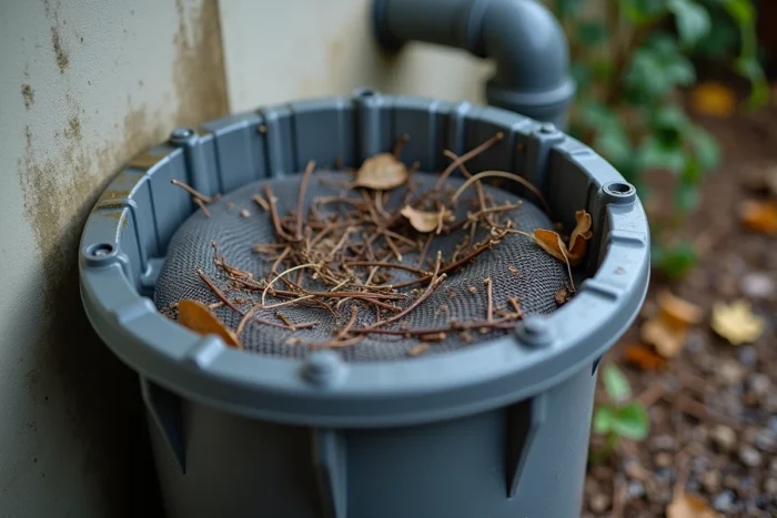 Filtre bouché par des feuilles mortes sur un récupérateur d'eau de pluie empêchant le remplissage du réservoir
