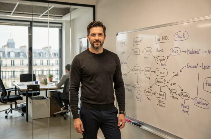 Formateur en numérique animant une session pratique devant un tableau blanc dans un bureau moderne parisien