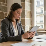 Femme professionnelle suivant une formation digitale sur tablette dans un espace de coworking parisien aux murs en pierre