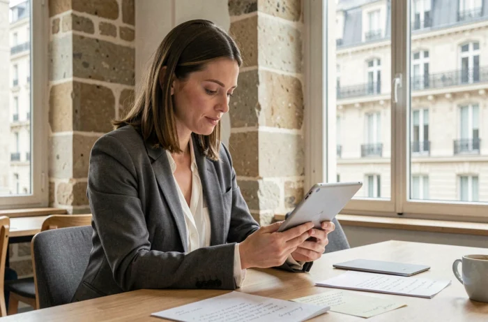 Femme professionnelle suivant une formation digitale sur tablette dans un espace de coworking parisien aux murs en pierre