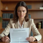Femme consultant un contrat immobilier chez un notaire lors d'un achat immobilier en 2024