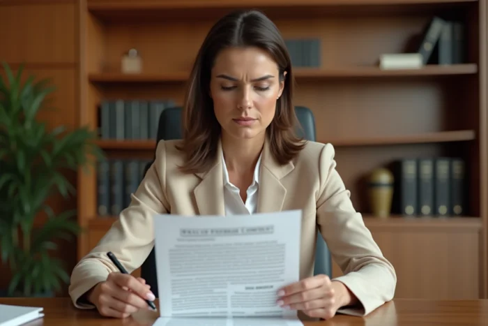 Femme consultant un contrat immobilier chez un notaire lors d'un achat immobilier en 2024