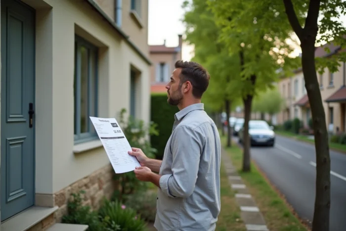 Homme évaluant les frais d'acquisition devant une maison à vendre en banlieue