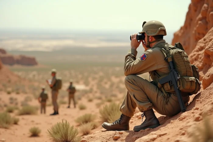 Un légionnaire français de la Légion étrangère en exercice tactique dans un paysage semi-aride, équipé d'un FAMAS