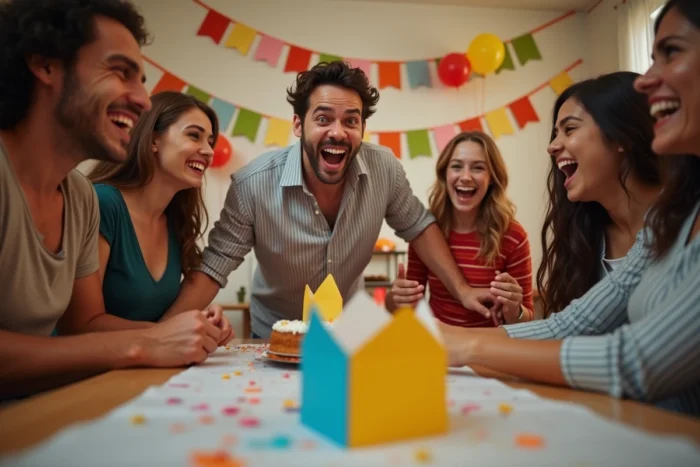 Groupe d'amis en pleine animation d'anniversaire réalisant un gage absurde tiré d'une cocotte en papier festive