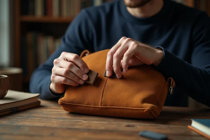 Homme utilisant une gomme spéciale pour effacer une tache sur un sac fourre-tout en daim beige à son bureau