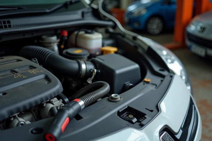 Gros plan sur le compartiment moteur d'une Renault Clio 4 montrant les composants usés et l'outil de diagnostic